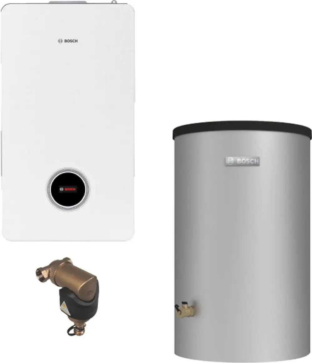 Bosch-Warmwassergerät mit einem weißen vertikalen Gehäuse, daneben ein silberner Wasserspeicher und eine spezielle Armatur zur Verbindung.